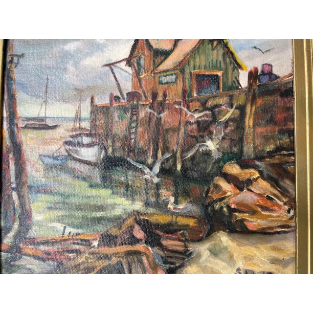 Wood 1950's S. Wolfson Fishing Dock Coastal Landscape Oil Painting For Sale - Image 7 of 12