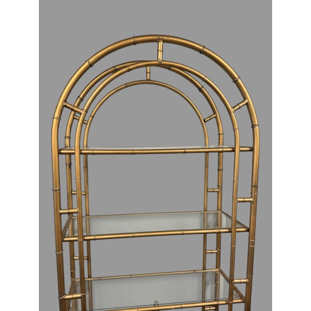 Hollywood Regency Vintage Gilt Metal Faux Bamboo Curio Display Etagere With 5 Glass Shelves For Sale - Image 3 of 8