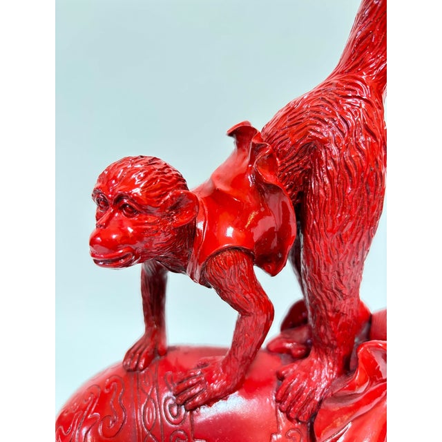 Chinoiserie Hollywood Regency Chinoiserie Red Elephant & Monkey Sculpture Glossy Resin 1970s For Sale - Image 3 of 15