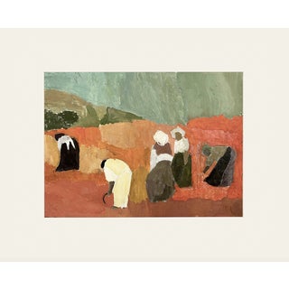 Mid 20th Century Vintage Abstract Landscape Painting of Women in Field, Oil on Paper. By French Artist Nancy Delouis For Sale