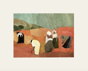 Mid 20th Century Vintage Abstract Landscape Painting of Women in Field, Oil on Paper. By French Artist Nancy Delouis