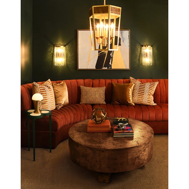 Brand new, special order item. Not vintage. Burlwood and Brass Hexagon Five Light Chandelier Illuminate your space with...