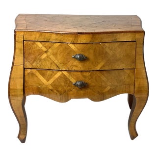 1940s Italian Parquetry Two Drawer Mini Commode With Shell Form Handles For Sale