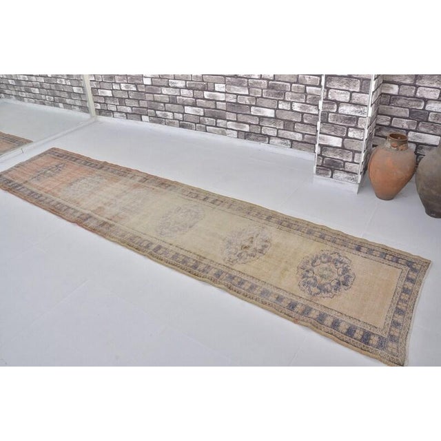 Turkish Vintage Faded Turkish Oushak Long Runner Rug With Ombre Abrash and Indigo Borders For Sale - Image 3 of 10