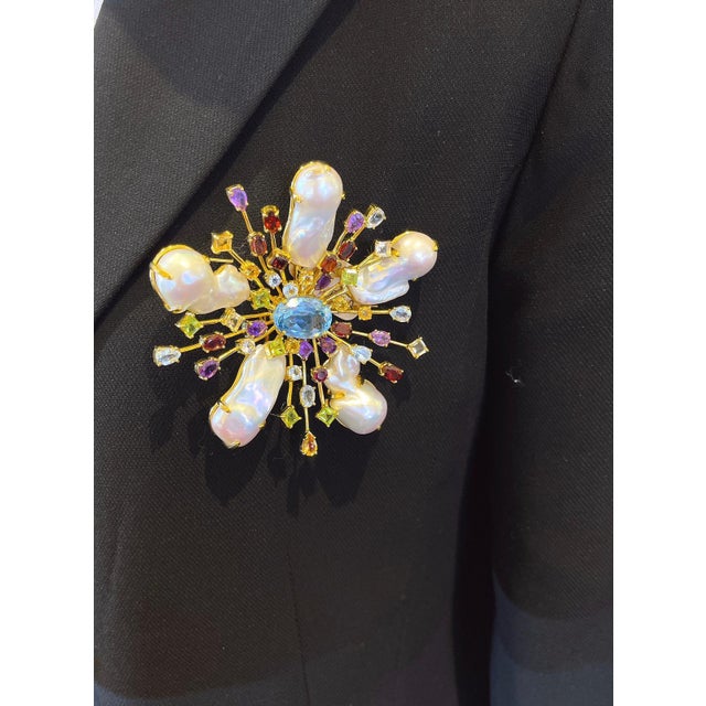 Blue Bochic "Orient" Vintage Blue Topaz & Multi Gem Brooch Set In 18K Gold & Silver For Sale - Image 8 of 18