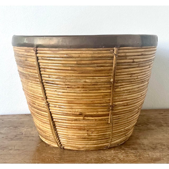 Wood Vintage Boho Monumental Brass Rimmed Pencil Reed Bowl For Sale - Image 7 of 12