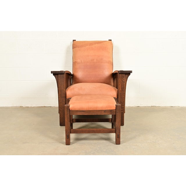 Mission Stickley Mission Oak Arts & Crafts Bow Arm Reclining Morris Lounge Chair With Ottoman For Sale - Image 3 of 14