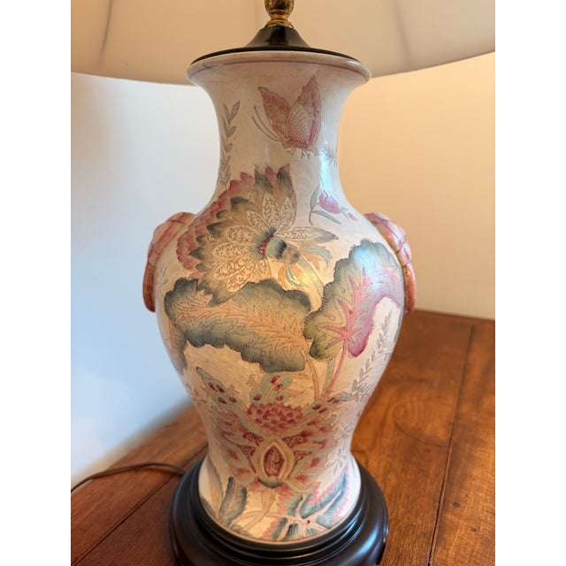 Chinoiserie Vintage 32” Chinoiserie Floral Porcelain Table Lamp With Raised Flower Knockers and Shade For Sale - Image 3 of 12