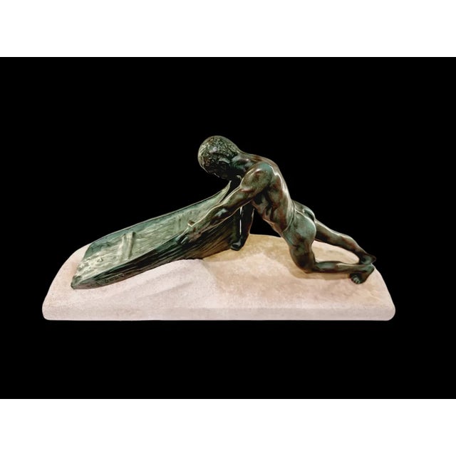 Max Le Verrier, Art Deco Nude Male Figure Pushing a Boat, 1930s, Metal For Sale - Image 3 of 8
