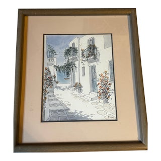 Mid 20th Century Mid-Century Modern Greek Courtyard Watercolor by Pamela Plant, Signed For Sale