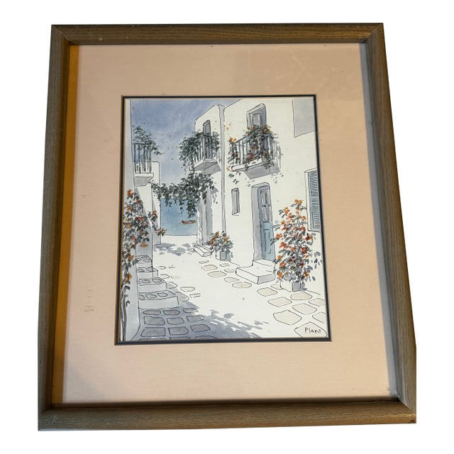 Mid 20th Century Mid-Century Modern Greek Courtyard Watercolor by Pamela Plant, Signed For Sale