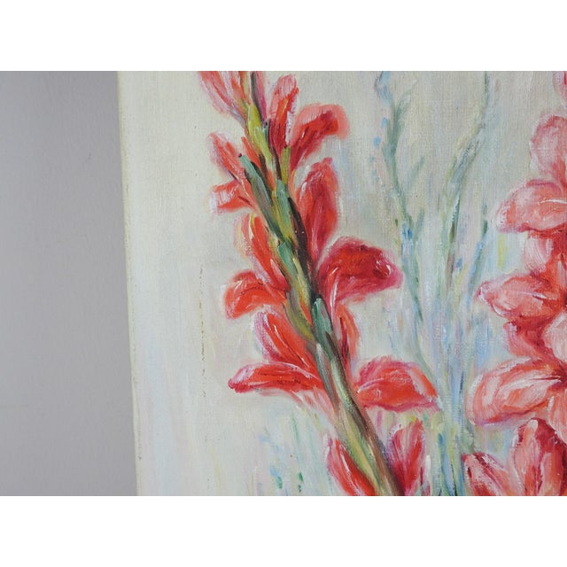 Vintage Pink Gladiolus Flowers in Blue Vase Still Life Painting For Sale In Seattle - Image 6 of 6