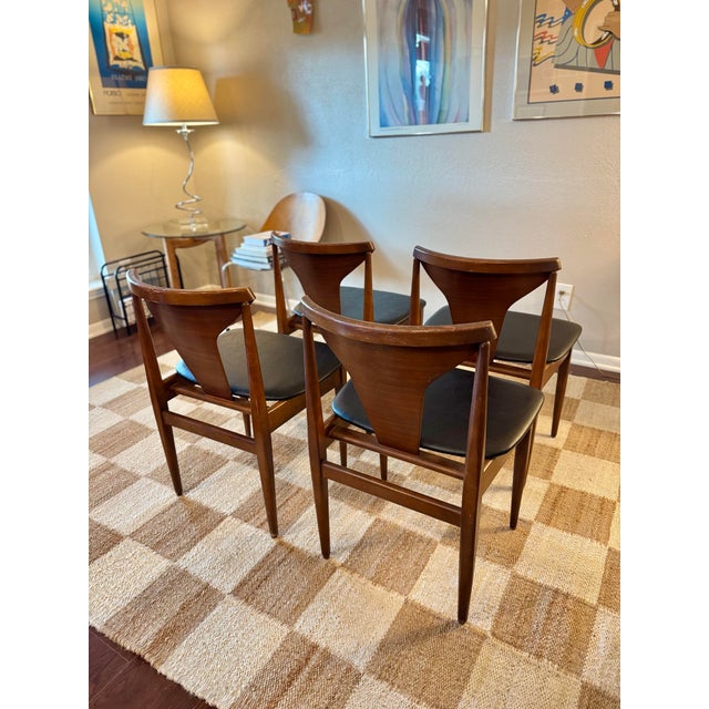 A Beautiful Set of 4 Mid Century Modern Dining Chairs in Teak With Black Faux Leather Seats, Attributed to Elliots of Newbury, Circa 1960s For Sale - Image 11 of 12