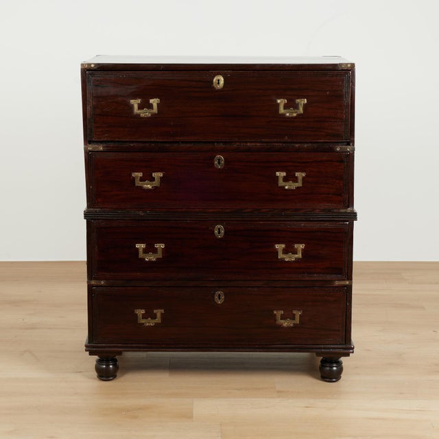 Impressive early 19th century English campaign chest, desk handcrafted in rosewood in two piece construction, featuring a...