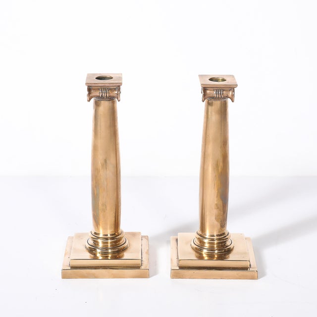Gorham Art Deco Solid Bronze Plinth Base Corinthian Style Candleholders Signed Gorham For Sale - Image 4 of 15