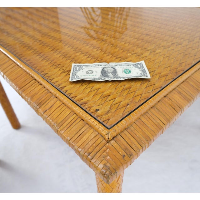 Brown Leather Basket Weave Wicker Style Square Dining Room Table 4 Chairs Glass Top For Sale - Image 8 of 18