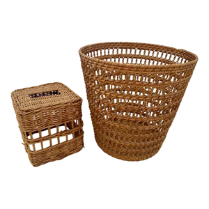 Vintage Wicker Wastebasket/Tissue Box Set