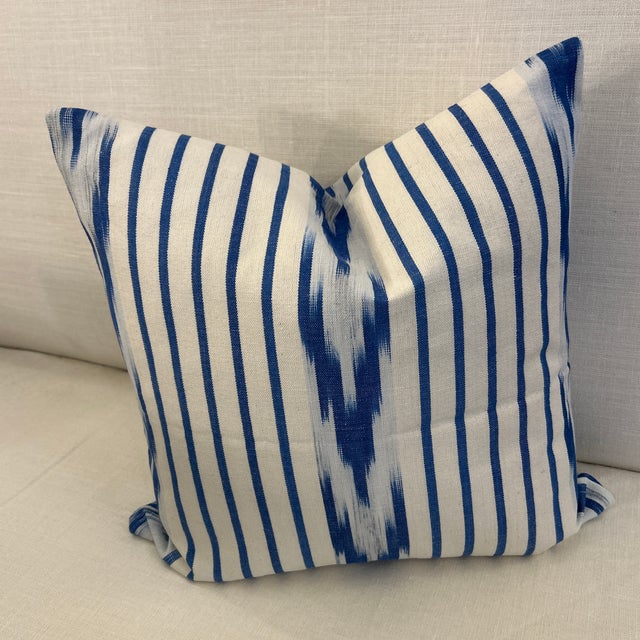 Thick Woven Canvas Pillow With Blue Hand Dyed Ikat Design and New Feather Down Insert For Sale In Miami - Image 6 of 6