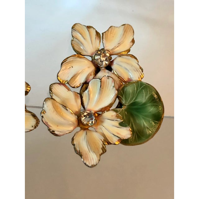 Vintage Floral Enamel and Rhinestone Clip on Earrings - 2 Pieces For Sale - Image 4 of 7