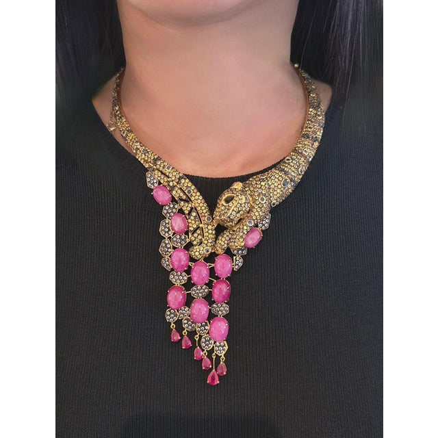 Bochic “Capri” Vintage Diamond, Ruby & Fancy Sapphire Necklace Set 18K & Silver For Sale - Image 4 of 15