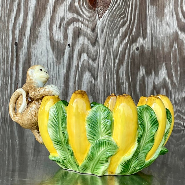 Vintage Boho Glazed Ceramic Banana Bowl With Little Monkey Chairish