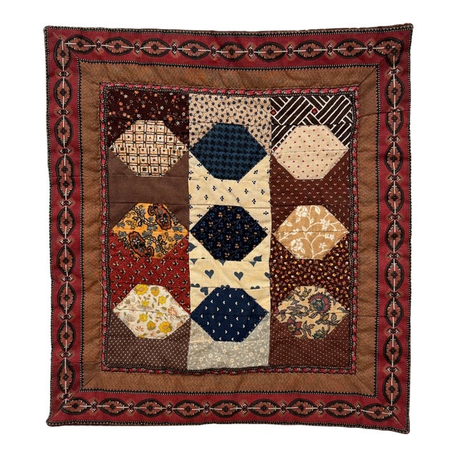 Traditional Americana Geometric Quilted Textile Art, Brown, Navy, Cream For Sale