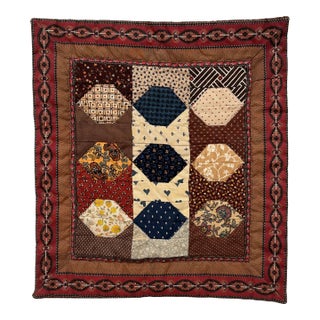 Vintage Traditional Americana Geometric Quilted Textile Art, Brown, Navy, Cream For Sale