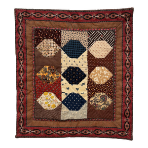 Vintage Traditional Americana Geometric Quilted Textile Art, Brown, Navy, Cream