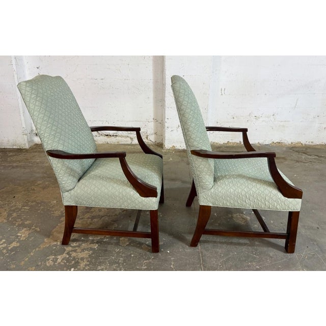 Pair of Textured Sea-Foam Green Upholstered Arm Chairs For Sale - Image 4 of 11
