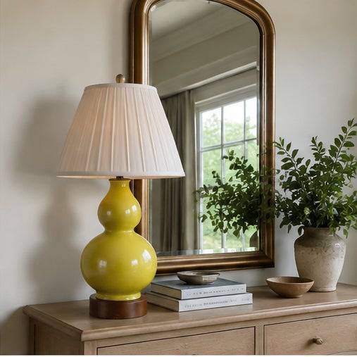 Chinese Monochrome Chartreuse Porcelain Double Gord Lamp With Wooden Base For Sale - Image 10 of 12
