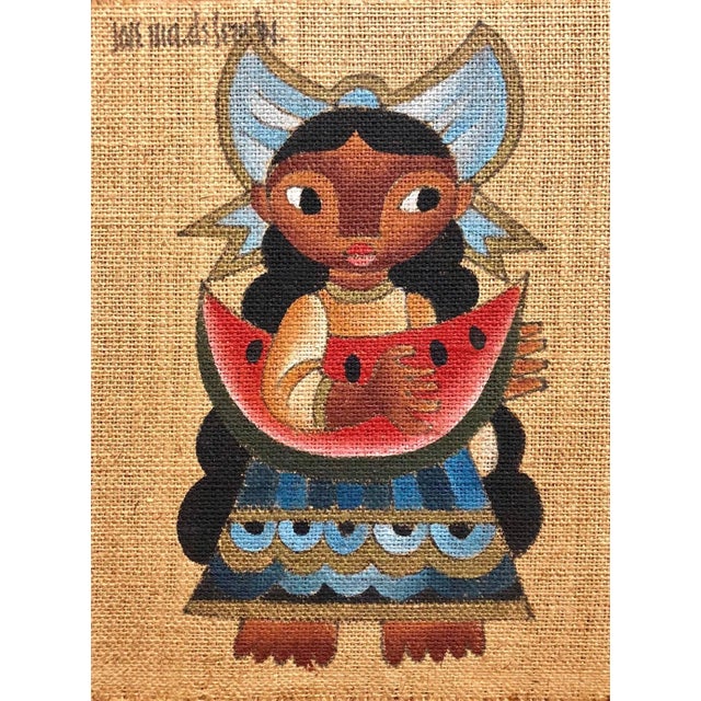Mid 20th Century Jose Maria de Servin, Folk Art Mexican Girl with Watermelon Oil Painting on Burlap For Sale