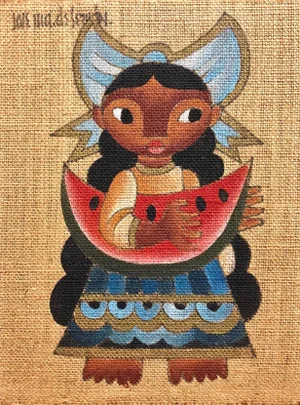 Mid 20th Century Jose Maria de Servin, Folk Art Mexican Girl with Watermelon Oil Painting on Burlap