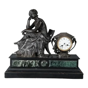Antique French 19th Century Japy Fil Classical Figure Bronze Slate Marble Mantel Clock