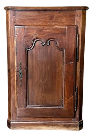 Antique French Corner Cabinet With Raised Panel Door and Skeleton Key
