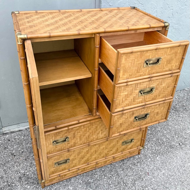 Brown Boho Chic Herringbone Wicker Faux Bamboo Highboy Dresser by Dixie For Sale - Image 8 of 11