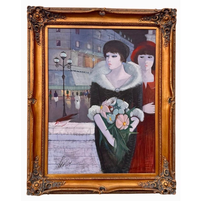 Charles Levier (French, 1920-2003) Two Women with European Street Scene La Terasse du Restaurant Oil on Canvas Hand signed...