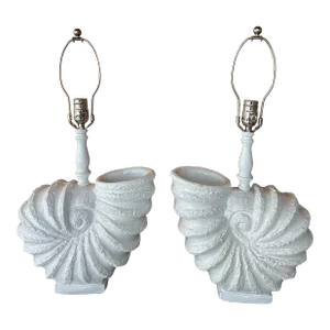 Vintage Pair Palm Beach Nautilus Shell Seashell Plaster Table Lamps Newly Wired