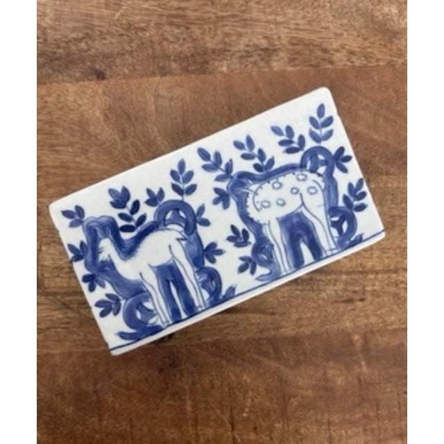 Vintage Mid Twentieth Century Delft Style Blue and White Flower Frog With Animal Motif For Sale - Image 4 of 7