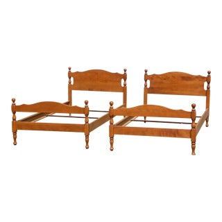 Vintage Pair Ethan Allen Nutmeg Solid Maple Cannonball Twin Size Single Beds For Sale