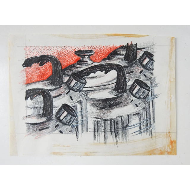 Vintage drawing on paper of still life with tea kettles. Unsigned. Unframed, adhesive remains along edges.