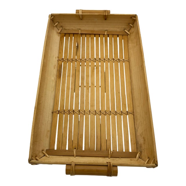 Mid 20th Century Light Bamboo Slat Lap Serving Tray With Cane Handle For Sale