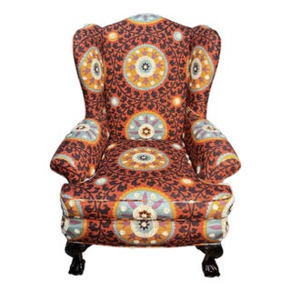 Peacock Armchair Upholstered With Tribal Thread Sunset Fabric For Sale