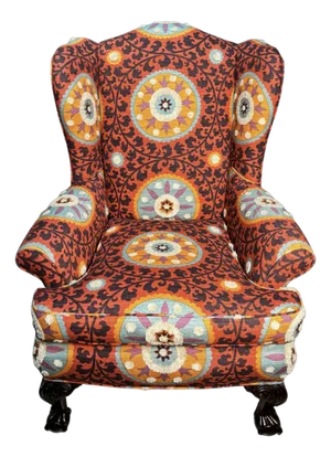 Peacock Armchair Upholstered With Tribal Thread Sunset Fabric