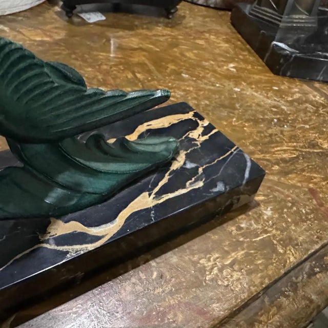 1930s Art Deco Marble and Green Metal French Birds Bookends - a Pair For Sale - Image 4 of 10