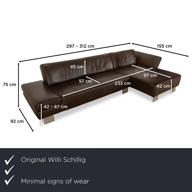 The Taboo corner sofa by Willi Schillig is upholstered in brown leather and stands on angular metal feet. Its classic...