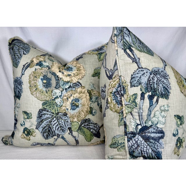 Transitional Cowtan & Tout "Hollyhocks" in Indigo/Aqua 20" Pillows-a Pair For Sale - Image 3 of 4