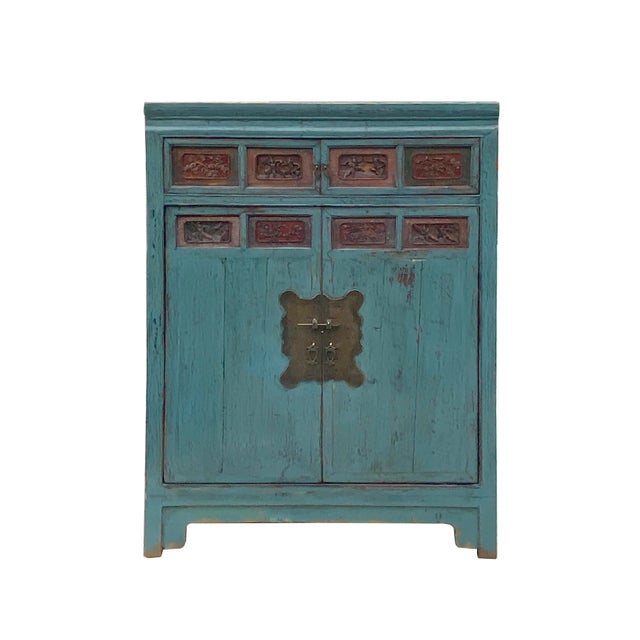Chinese Vintage Carving Panel Tall Credenza Blue Storage Cabinet For Sale In San Francisco - Image 6 of 6