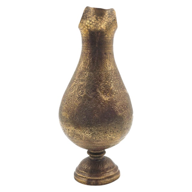 Gold 19th Century Islamic Arabic Engraved Brass Jug With Figural Handle For Sale - Image 8 of 13