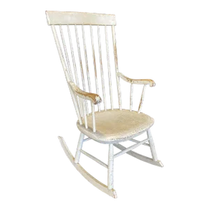 Early 19th Century Classic Americana White Windsor Rocking Chair From Maine