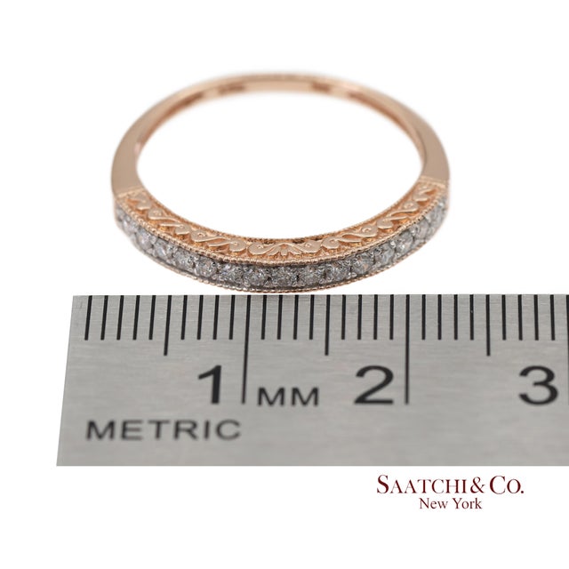 14k 585 Solid Rose Gold Engraving and Milgrain Natural Diamond Band Ring, Size 8 For Sale - Image 10 of 12